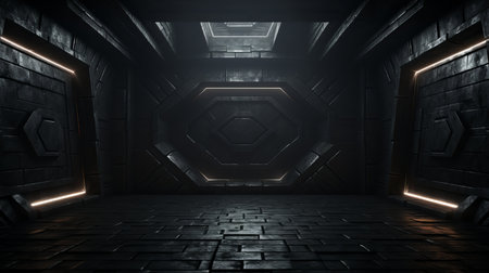 an empty dark room with a glowing light in the middleの素材