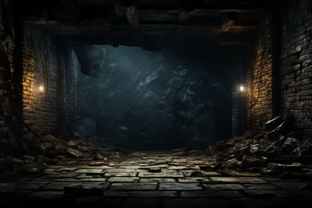 a dark tunnel with stone walls and a light at the endの素材