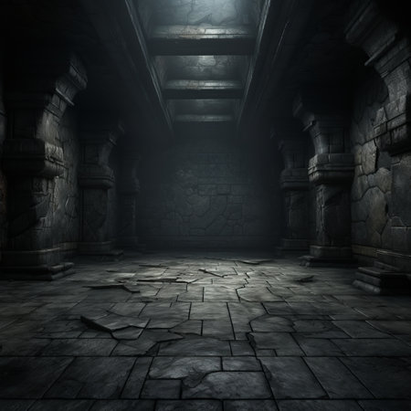 a dark room with stone walls and pillarsの素材
