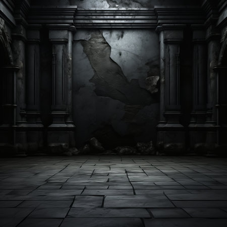 a dark room with stone walls and pillarsの素材