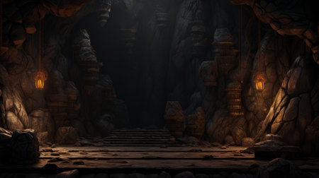 an image of a dark cave with stone wallsの素材