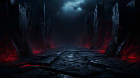 an image of a dark tunnel with red lightsの素材