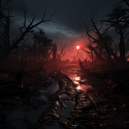 the sun is setting over a swamp with dead treesの素材