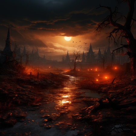 an image of a dark forest at night with a full moon in the backgroundの素材