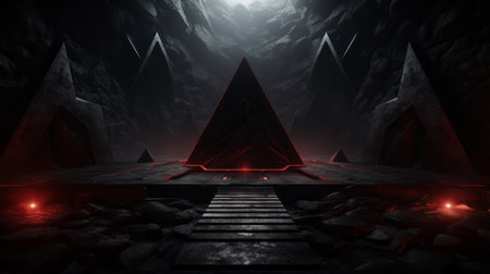 an image of a dark tunnel with red lightsの素材