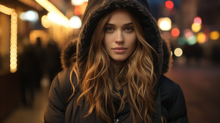 a beautiful woman in a hooded jacket on the street at nightの素材