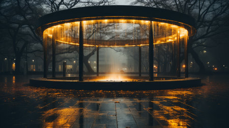 a fountain in the middle of a park at nightの素材
