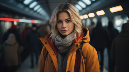 a beautiful blonde woman in an orange coat standing in a subwayの素材