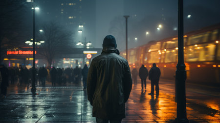 a man is standing in the middle of a city street at nightの素材