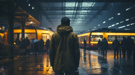 a man standing in front of a train station at nightの素材
