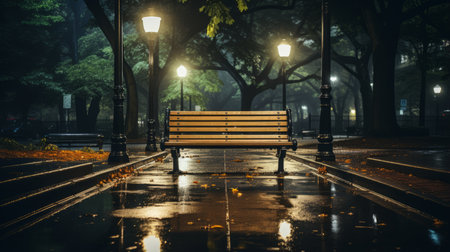 a park bench sitting in the middle of a wet street at nightの素材