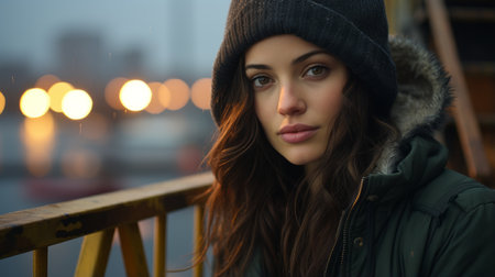 a woman in a beanie and jacket looking at the cameraの素材