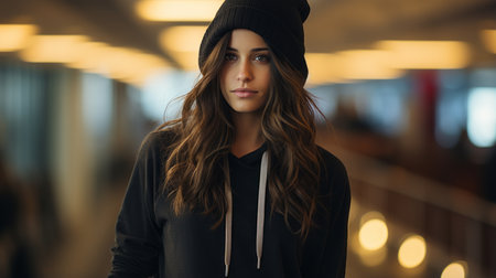 a woman in a black hoodie and beanie standing in an airportの素材