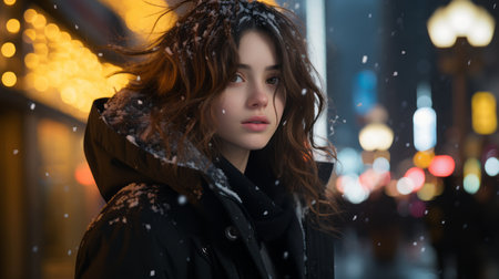 a woman in a black coat standing in the middle of a city street in the snowの素材