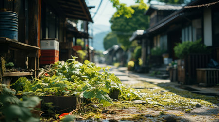 a street in japan with plants growing on the groundの素材