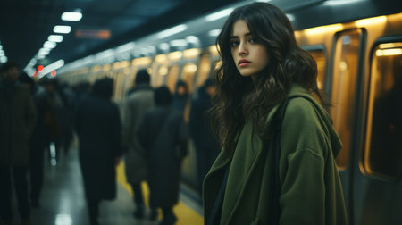 a woman in a green coat standing in front of a subway trainの素材