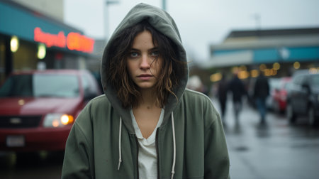 a woman in a hoodie standing in the middle of a streetの素材
