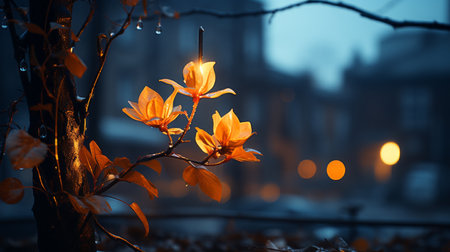 a tree with leaves and flowers lit up at nightの素材