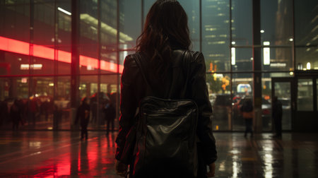 a woman in a black leather jacket standing in front of a red lightの素材