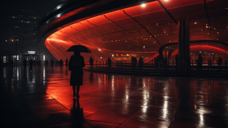 a person with an umbrella standing in front of a building at nightの素材