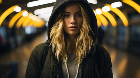 a woman in a hoodie standing in an empty subway stationの素材