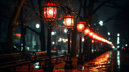 a row of street lamps on the side of a road at nightの素材