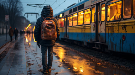 a person with a backpack standing in front of a trainの素材