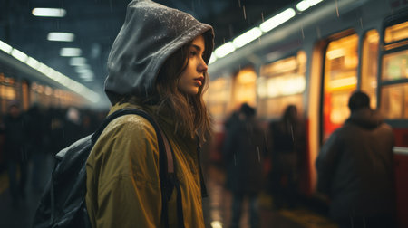 a woman in a hooded jacket standing in front of a subway trainの素材
