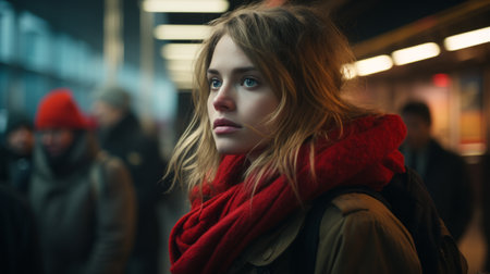 a woman in a red scarf standing in a subway stationの素材