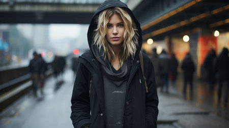 a woman in a hoodie standing in the middle of a city streetの素材