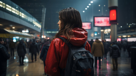 a woman in a red jacket standing in the middle of a crowded street at nightの素材