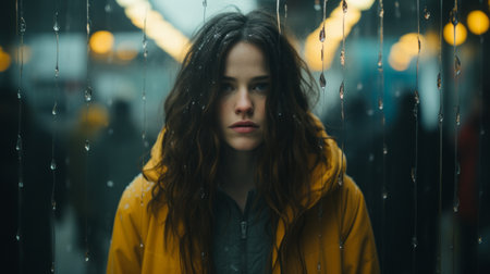 a woman in a yellow jacket standing in the rainの素材