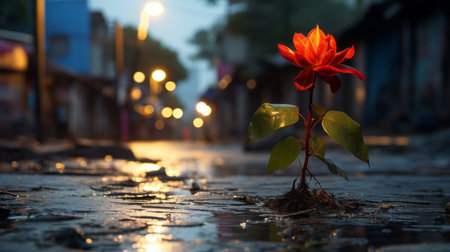 a red flower growing out of the ground in the middle of a wet streetの素材