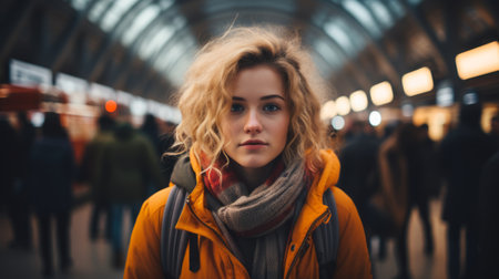 a woman in an orange jacket standing in a crowded train stationの素材