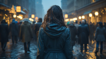 a woman is walking down a city street with people in the backgroundの素材