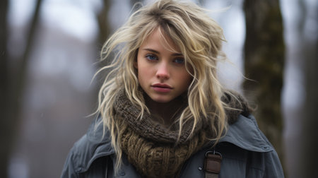 a woman with blonde hair standing in the woodsの素材