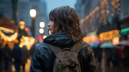 a woman with a backpack standing in the middle of a city streetの素材