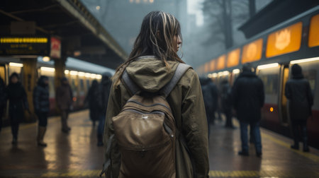 a woman with a backpack standing in front of a trainの素材