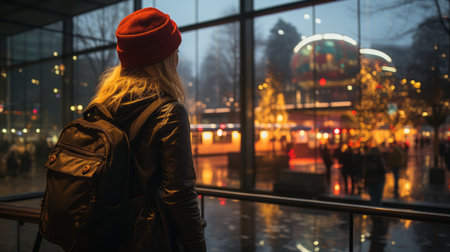 a woman with a red hat and backpack looking out a windowの素材