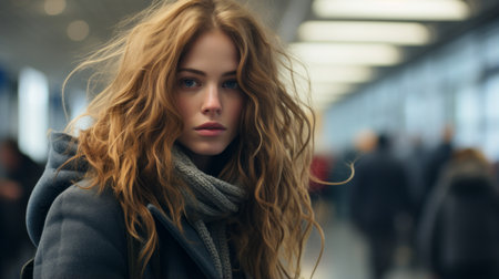 a woman with long hair standing in an airportの素材