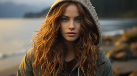 a woman with long hair and a hoodie on by the waterの素材