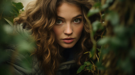 a woman with long curly hair looking into the cameraの素材
