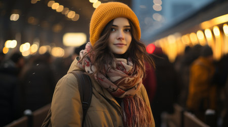 a woman wearing a hat and scarf standing in front of a trainの素材