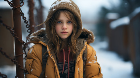 a young girl in a yellow jacket standing in the snowの素材