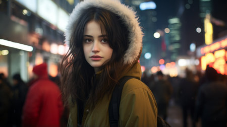 a young woman in a hooded jacket standing in the middle of a busy city street at nightの素材
