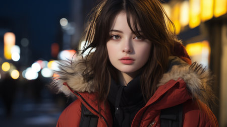 a young woman in a red jacket standing in the middle of a city street at nightの素材