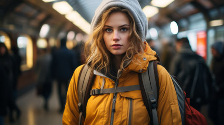 a young woman in a yellow jacket standing in a subway stationの素材