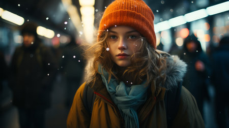 a young woman in an orange beanie standing in the middle of a crowded subway stationの素材