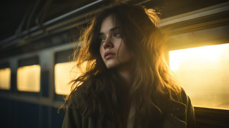 a young woman is looking out the window of a trainの素材