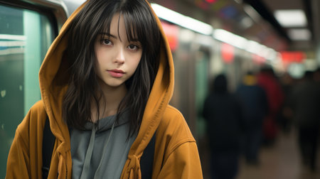 a young woman in a hoodie standing on a subway platformの素材